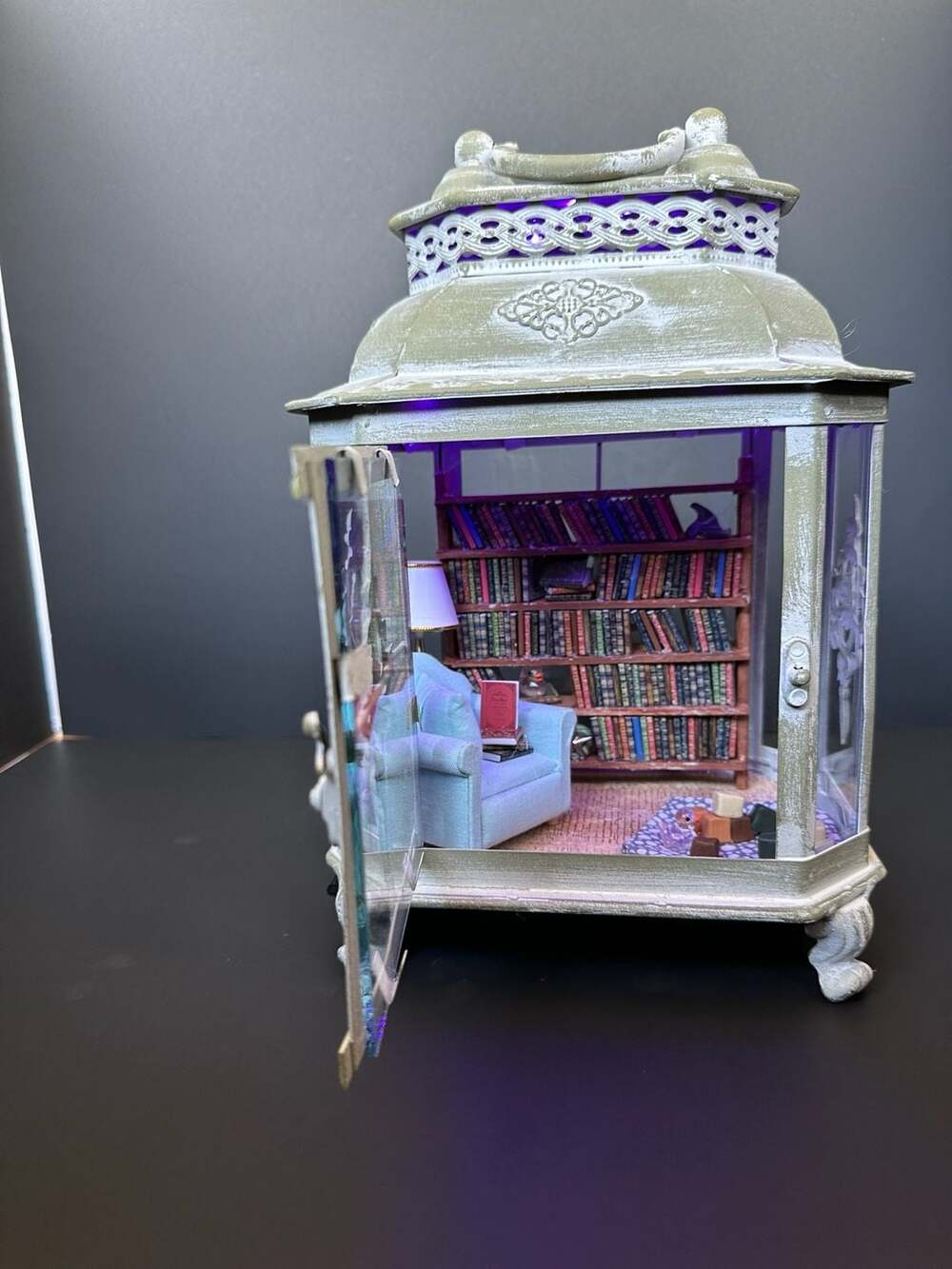 Miniature Library Diorama inside Decorative White Metal Lantern